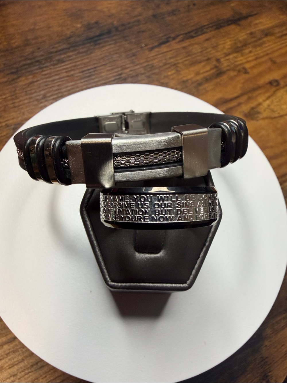 Men's Black Stainless Steel Bracelet andLord’s Prayer Ring Set